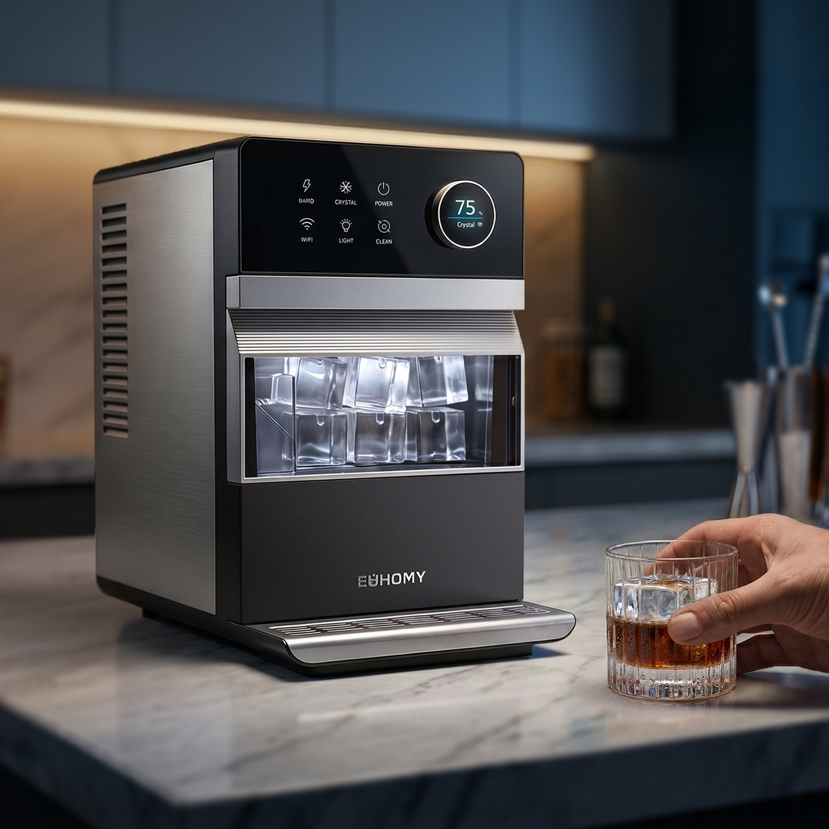 Euhomy Rock Plus square ice maker with crystal ice cubes, touchscreen display, and self-cleaning control