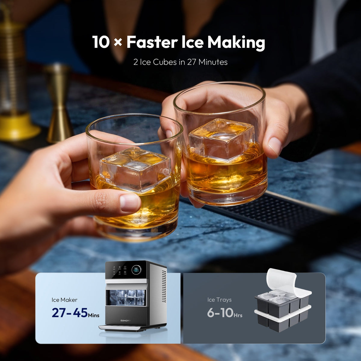 Euhomy Rock Plus square ice maker making 2 ice cubes in 27 minutes