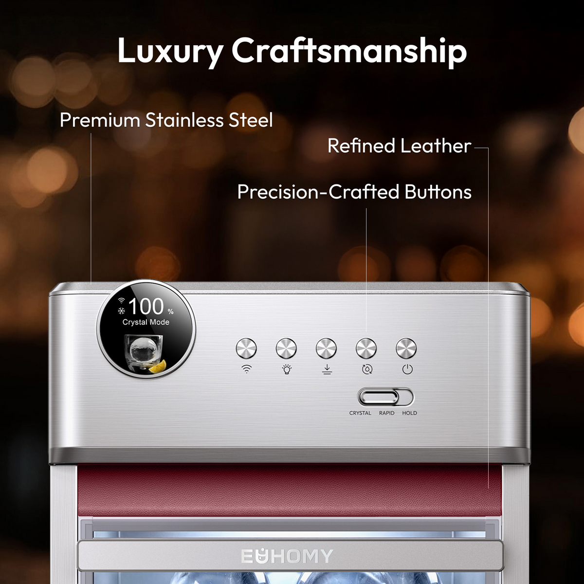 Euhomy Rock Pro sphere ice maker with stainless steel, leather accents, and control buttons