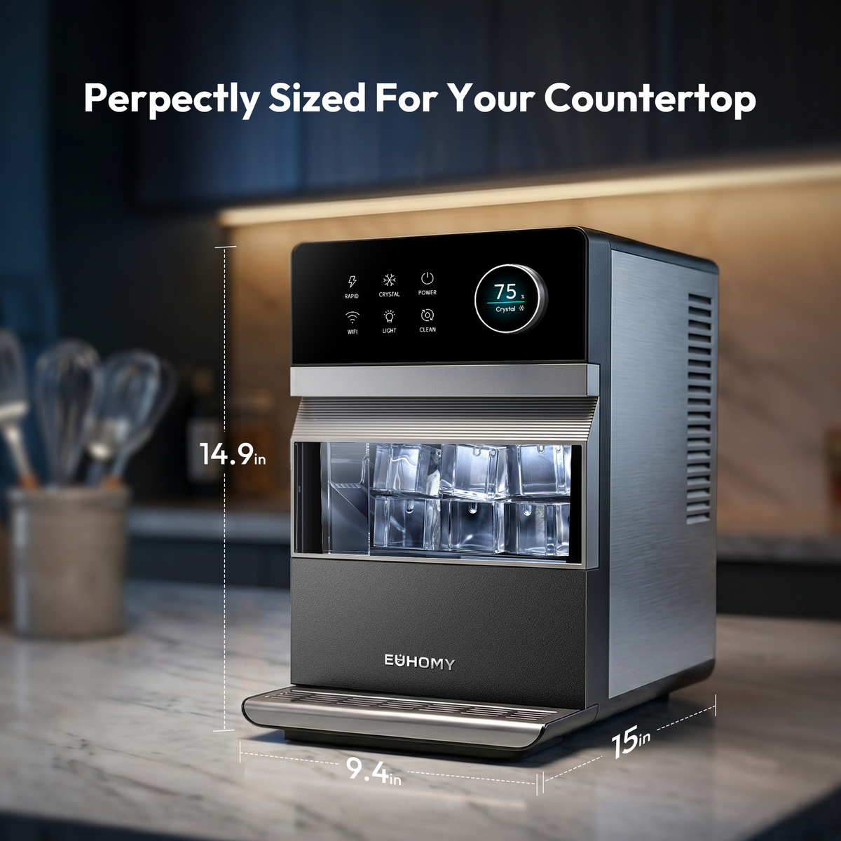 Euhomy Rock Plus square ice maker on countertop, 14.9 x 9.4 x 15 in