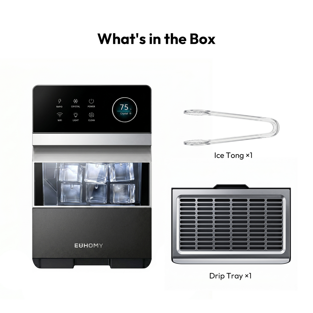 Euhomy Rock Plus square ice maker, ice tong, and drip tray included