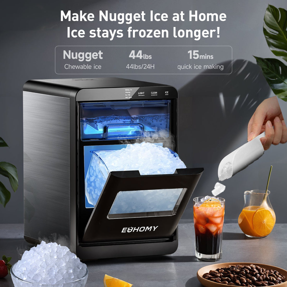 Euhomy Pearl L1 Plus nugget ice maker with black and silver compact countertop design, front ice drawer open