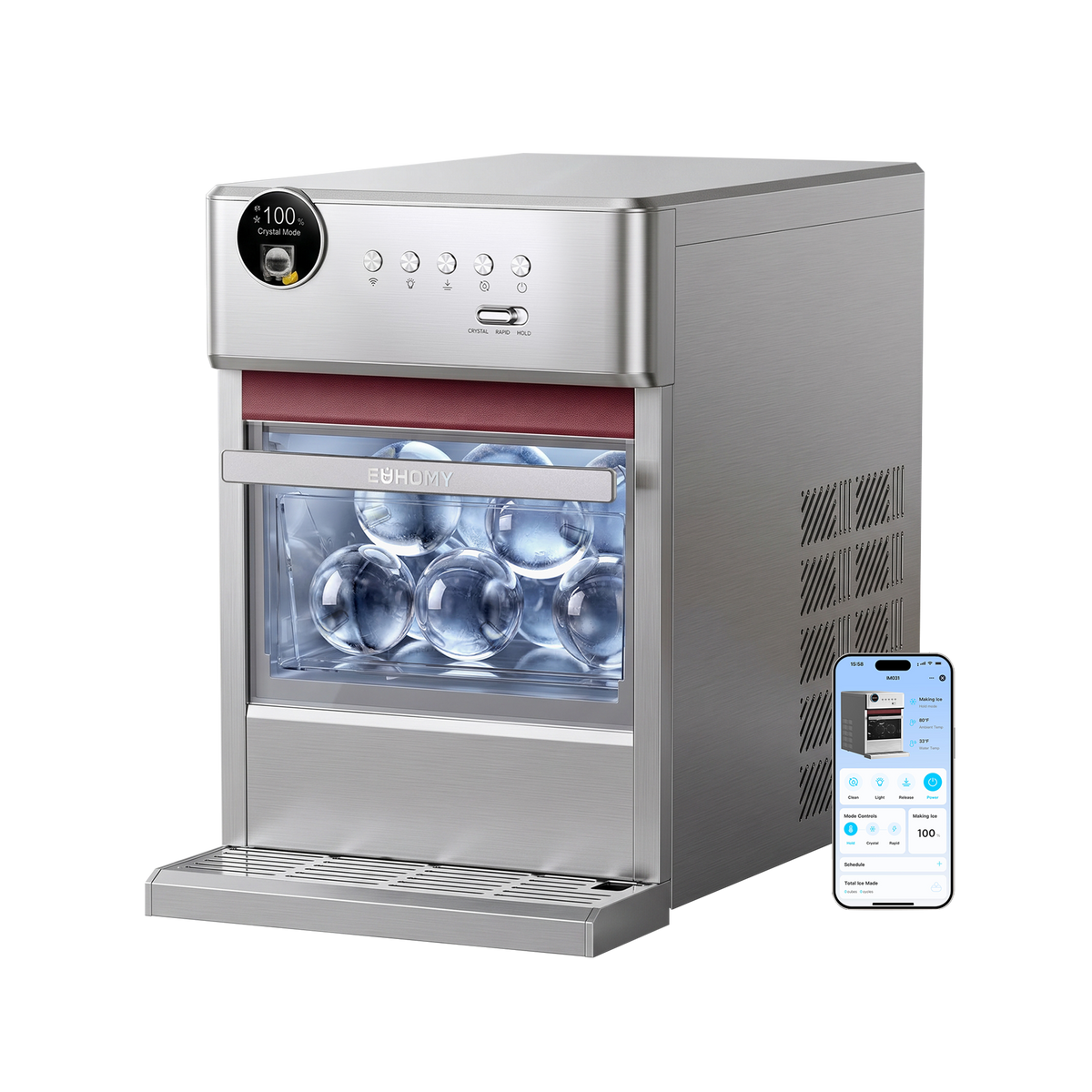 Euhomy Rock Pro Sphere Ice Maker stainless steel with clear sphere ice and smart app control