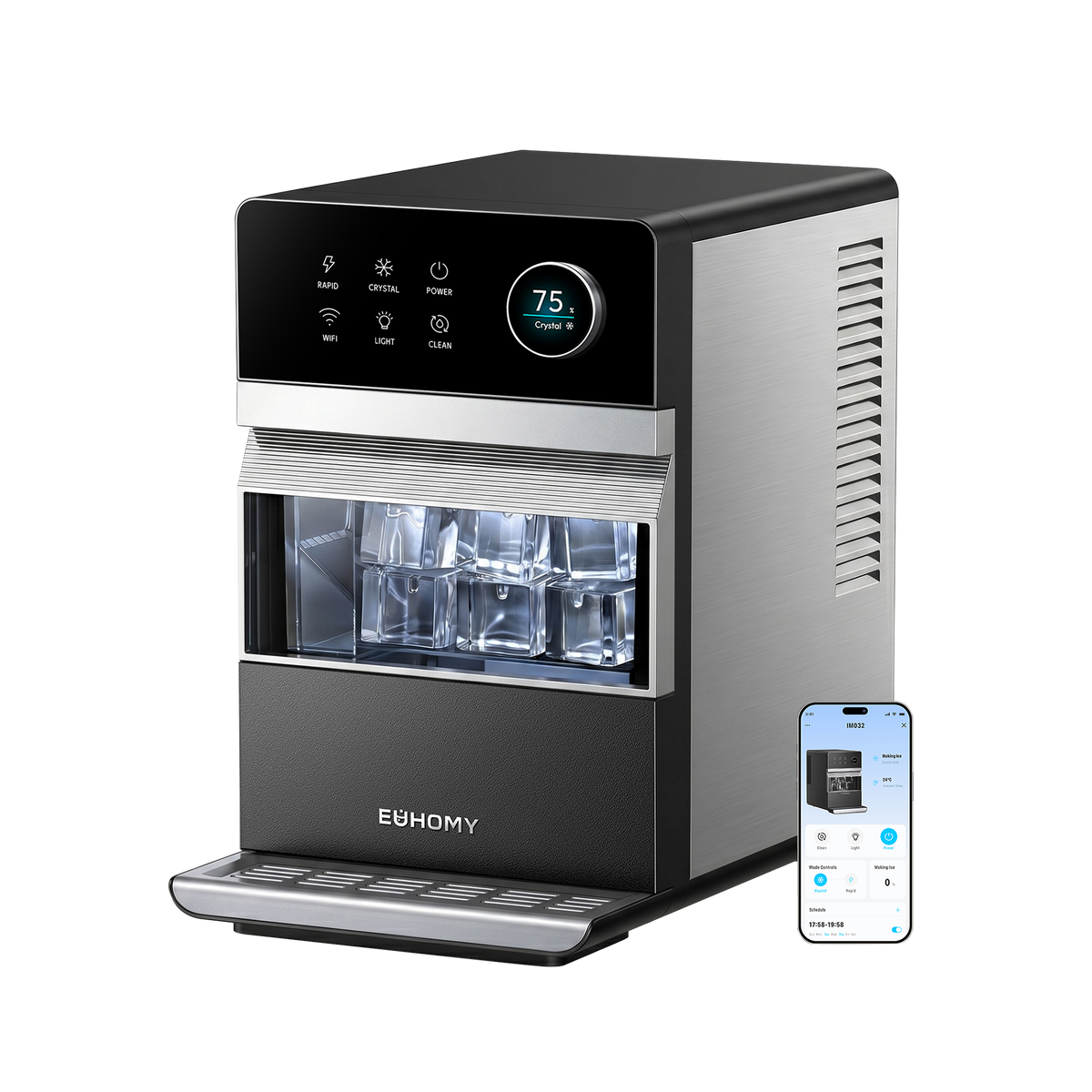 Euhomy Rock Plus square ice maker with app control, color display, rapid and crystal modes