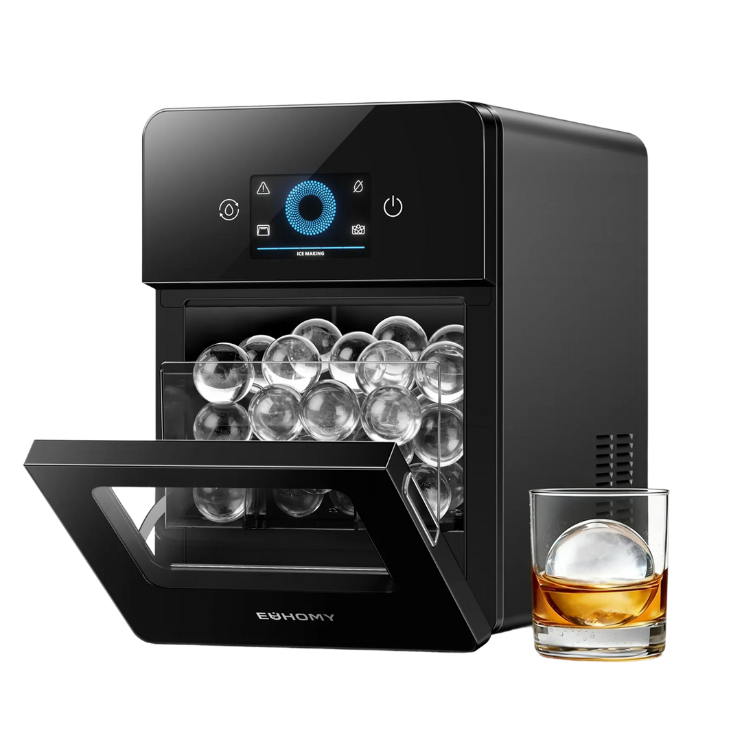 Euhomy Rock SE sphere ice maker with clear ice spheres and whiskey glass