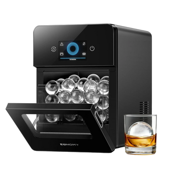 Euhomy Rock SE sphere ice maker with clear ice spheres and whiskey glass