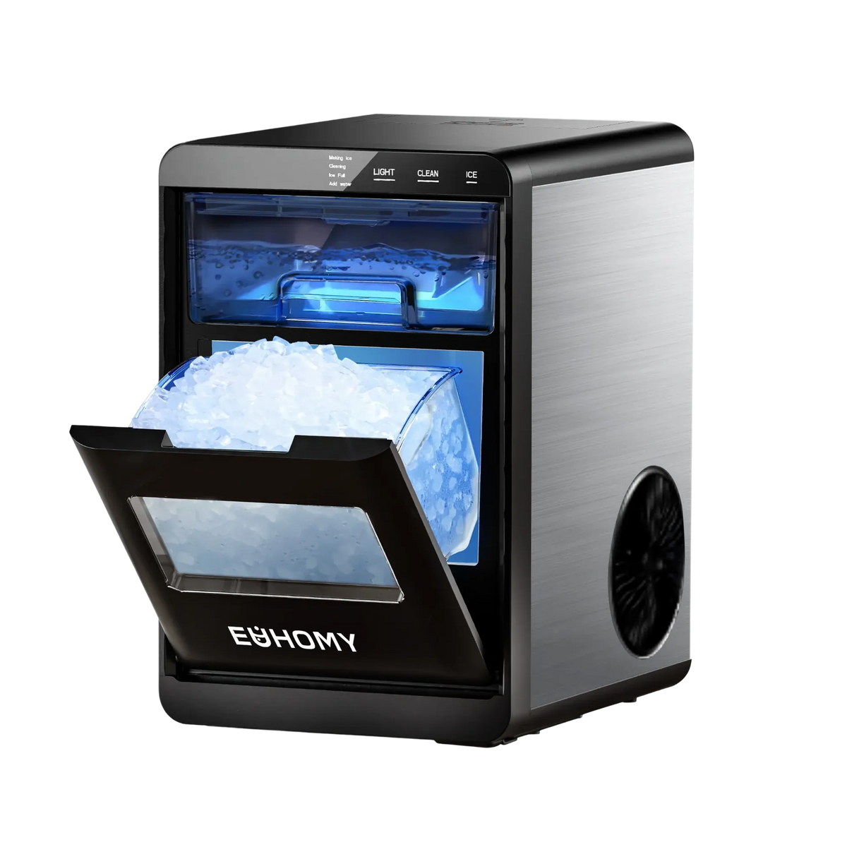 Euhomy Pearl L1 Plus nugget ice maker with black and silver compact countertop design, front ice drawer open
