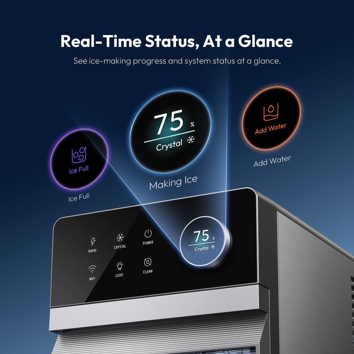 Euhomy Rock Plus square ice maker with real-time status display, crystal mode, and add water alert