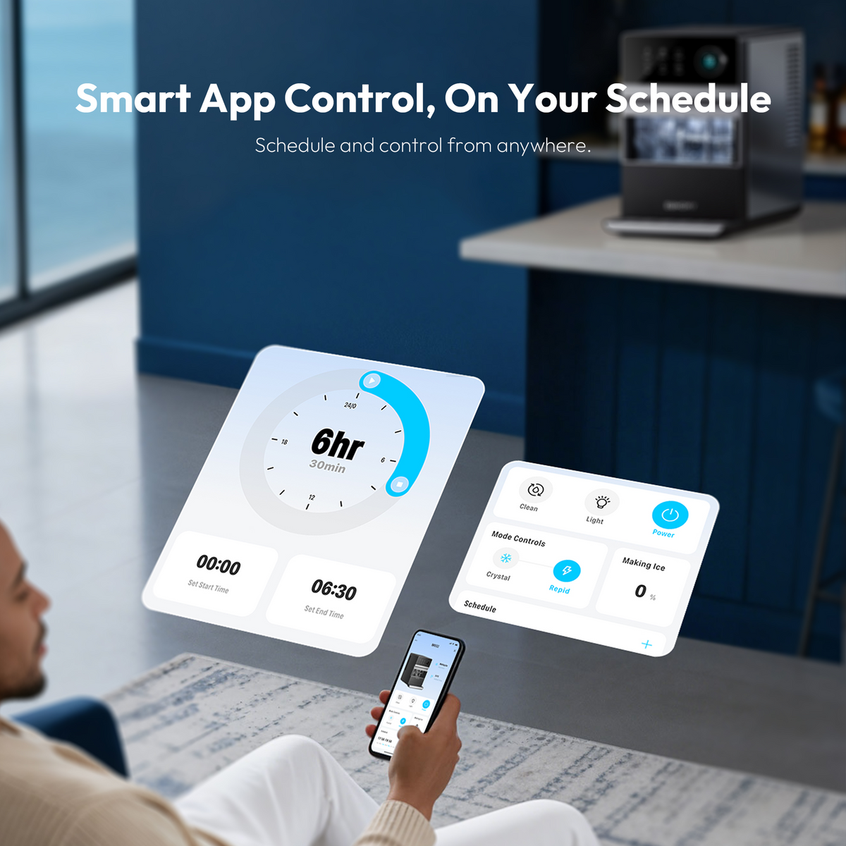 Euhomy Rock Plus square ice maker app control screen with schedule and mode settings