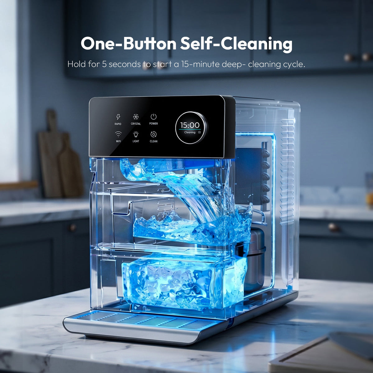 Euhomy Rock Plus square ice maker with one-button self-cleaning and 15-minute cleaning cycle