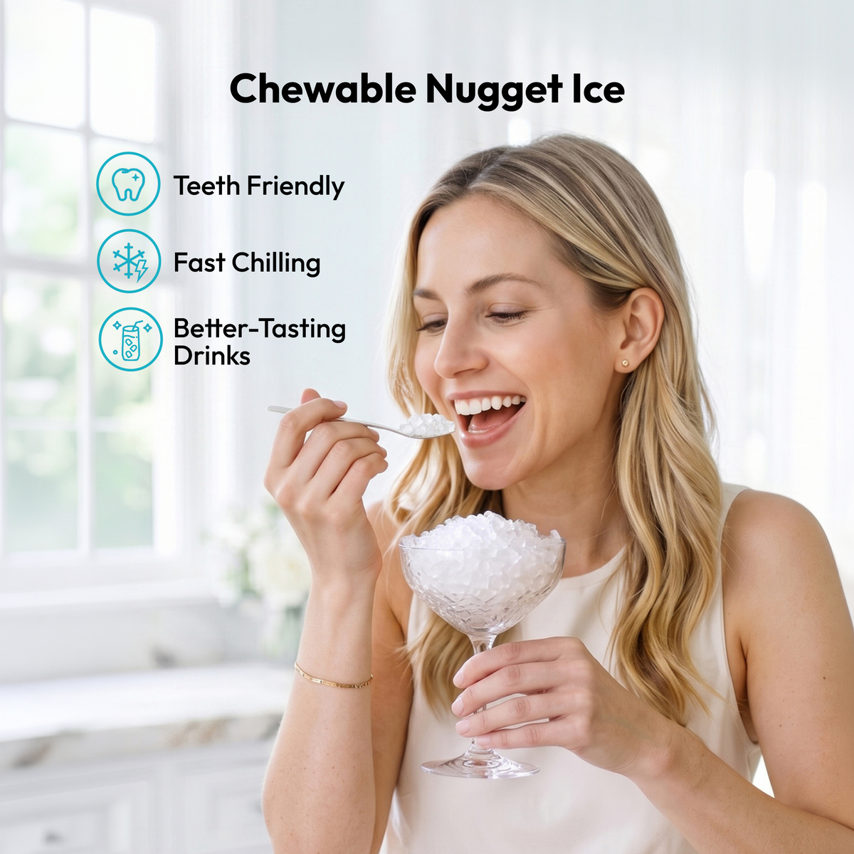 Woman enjoying chewable nugget ice from a glass for better-tasting drinks