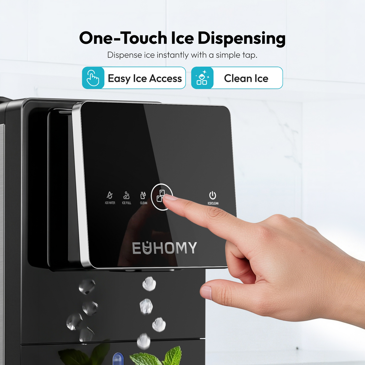 Euhomy Jet SE nugget ice maker dispenser with one-touch ice dispensing and clean ice controls