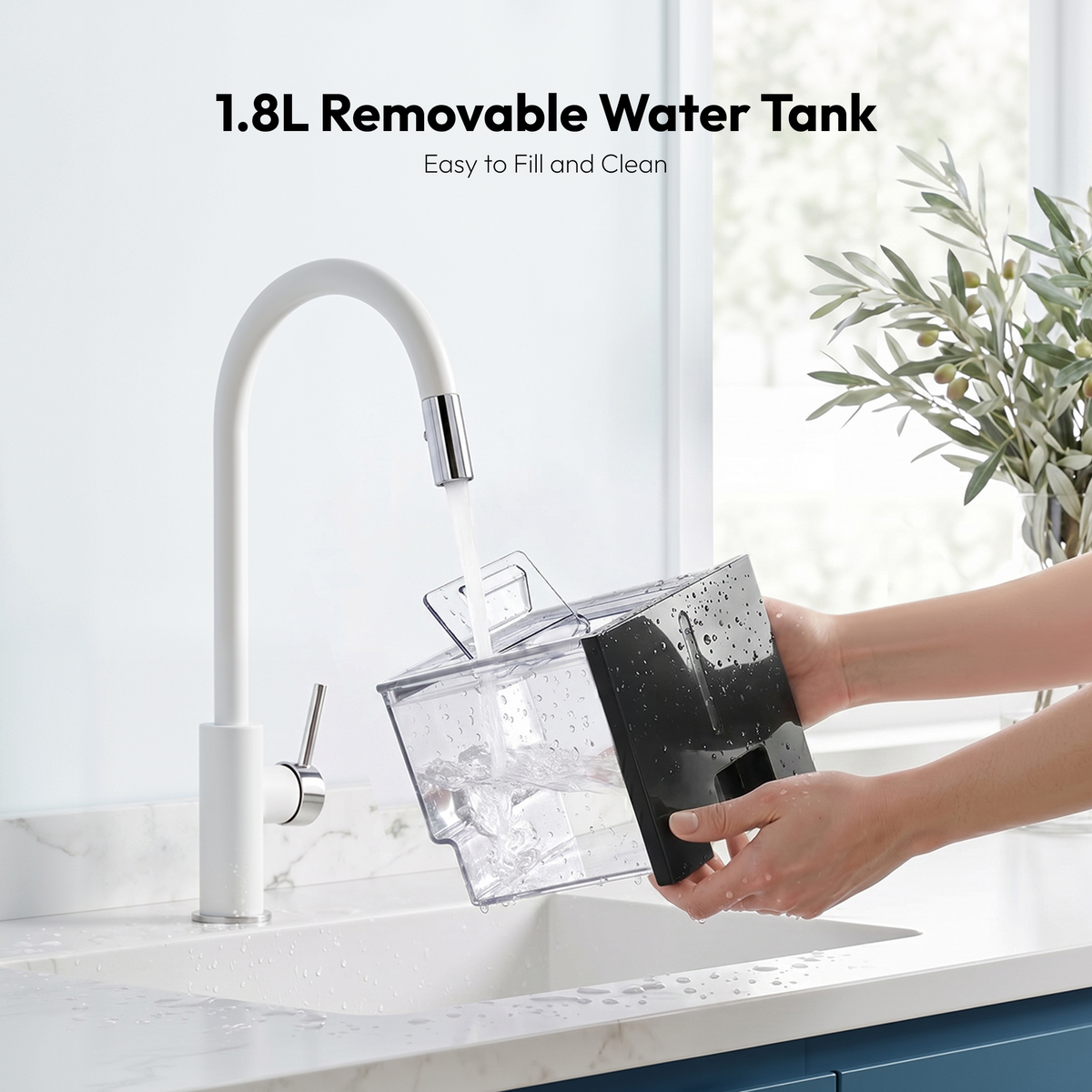 1.8L removable water tank being filled under faucet for Euhomy nugget ice maker