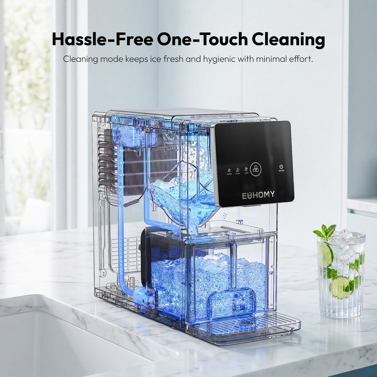 Euhomy Jet SE nugget ice maker dispenser with one-touch cleaning mode on countertop