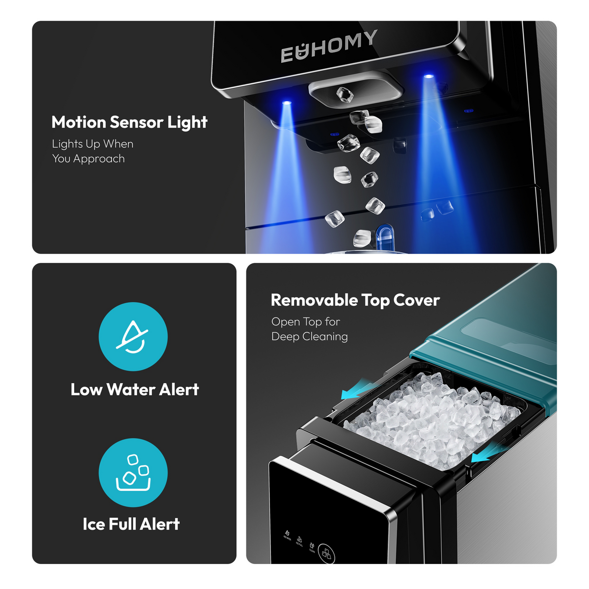 Euhomy Jet SE nugget ice maker dispenser with motion sensor light, low water alert, ice full alert, and removable top cover
