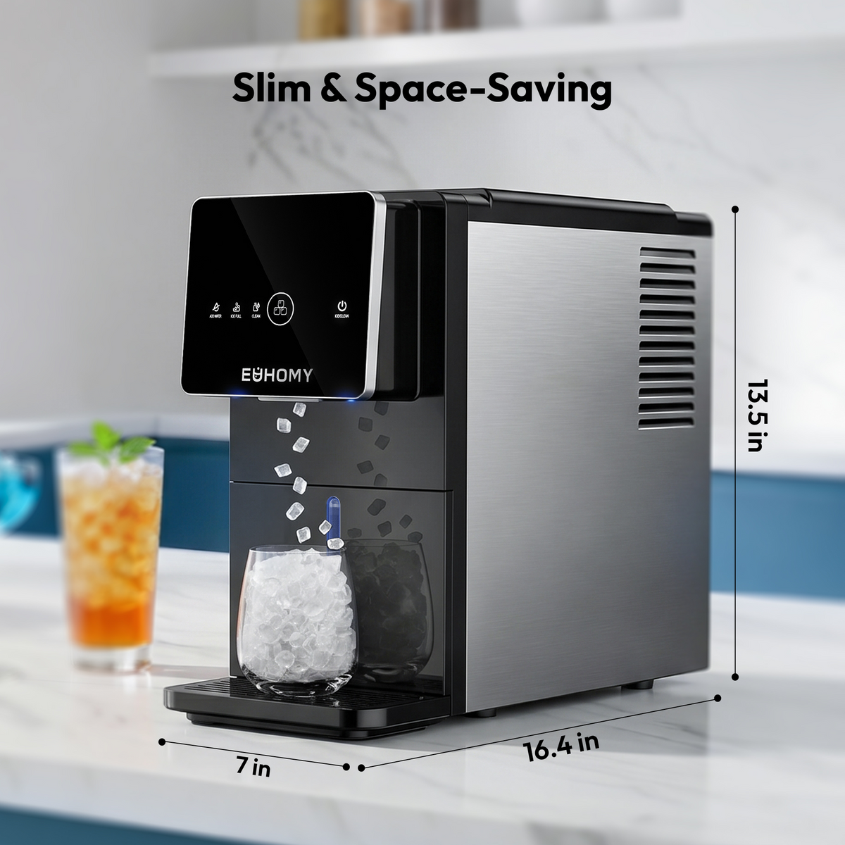 Euhomy Jet SE nugget ice maker dispenser, slim black and stainless steel, 13.5 in tall