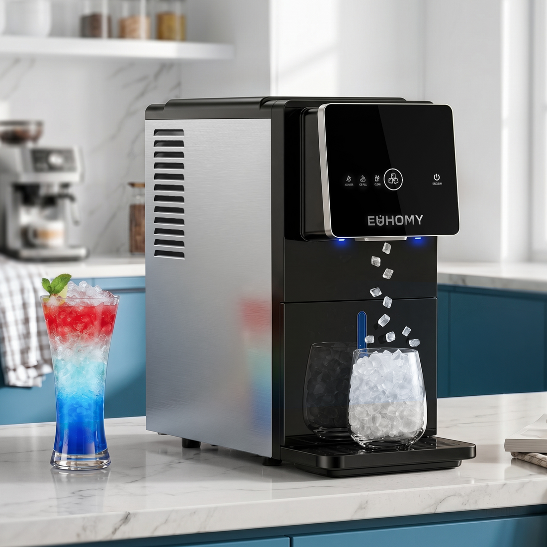 Euhomy Jet SE nugget ice maker dispenser filling a glass with nugget ice