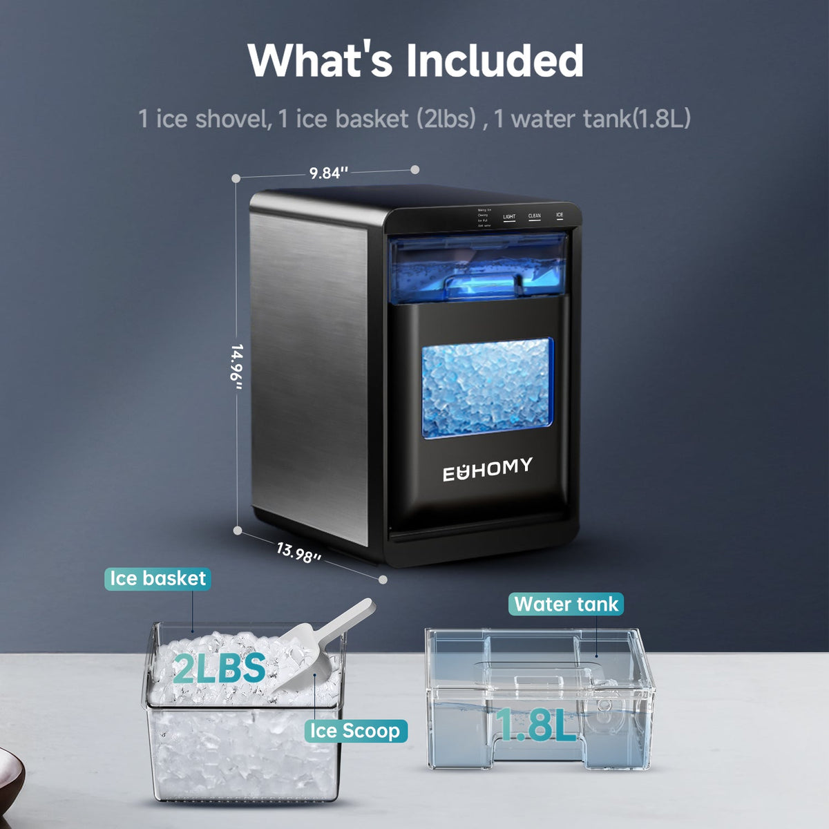 Euhomy Pearl L1 Plus nugget ice maker with 2lb basket, ice scoop and 1.8L water tank