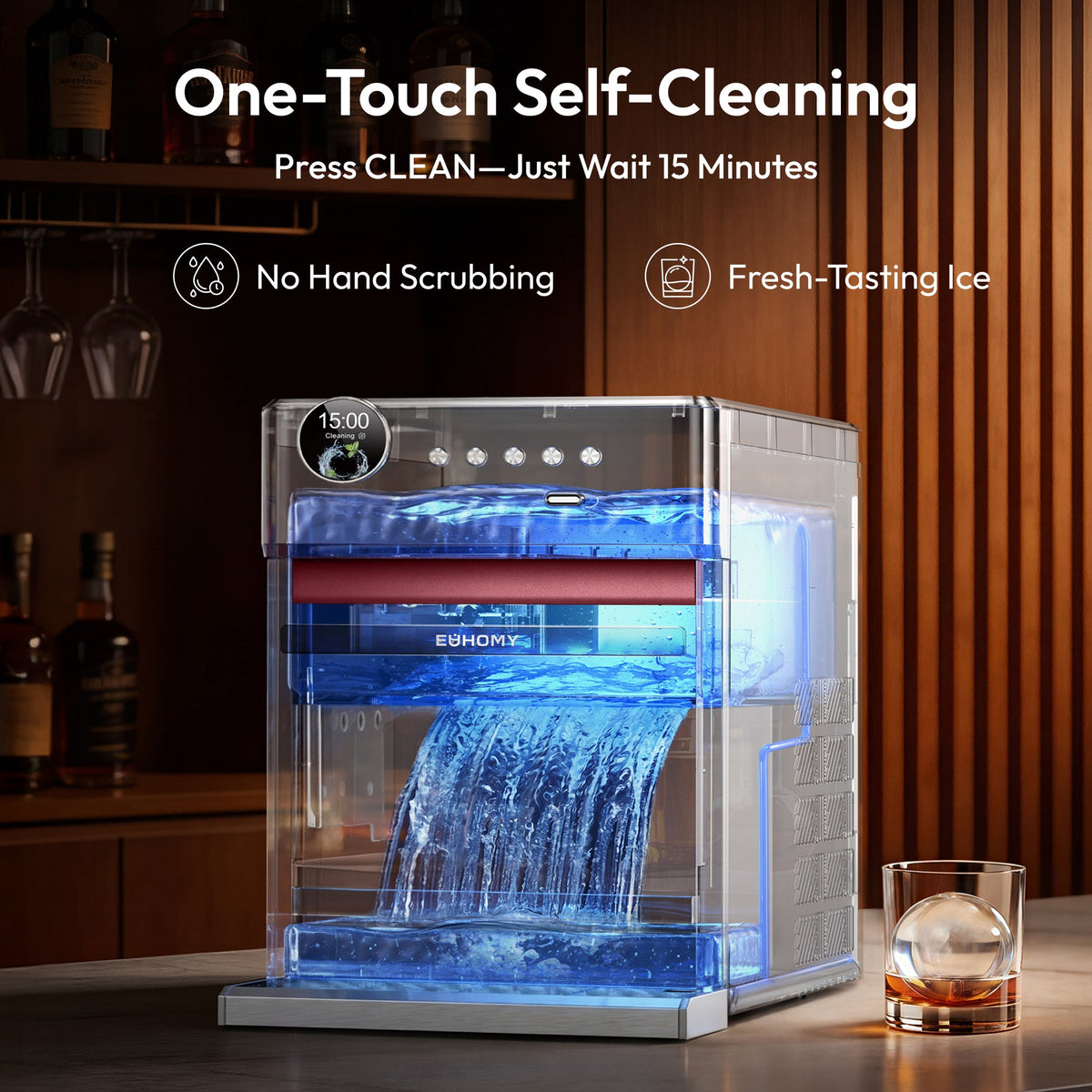 Euhomy Rock Pro Sphere Ice Maker with one-touch self-cleaning and clear control display