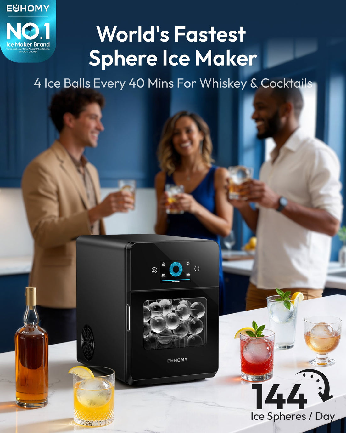 Euhomy Rock SE sphere ice maker with clear ice spheres and whiskey glass