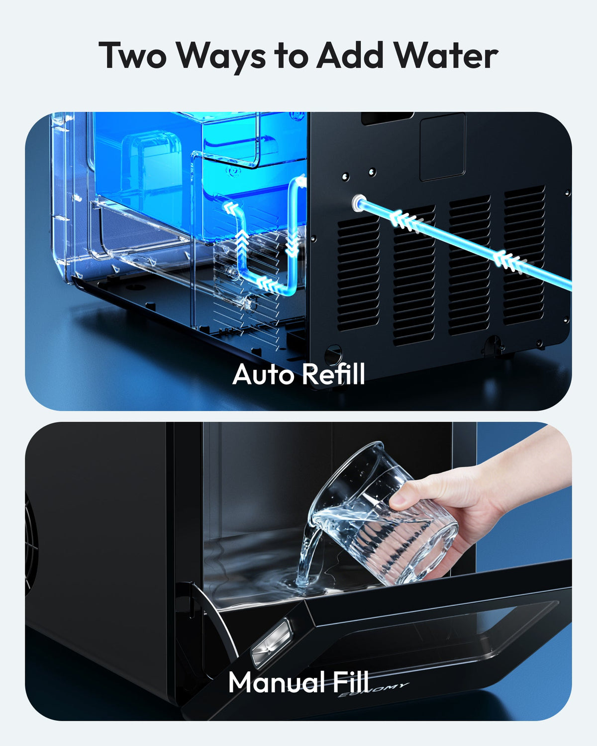 Euhomy Rock SE sphere ice maker showing auto refill and manual fill options
