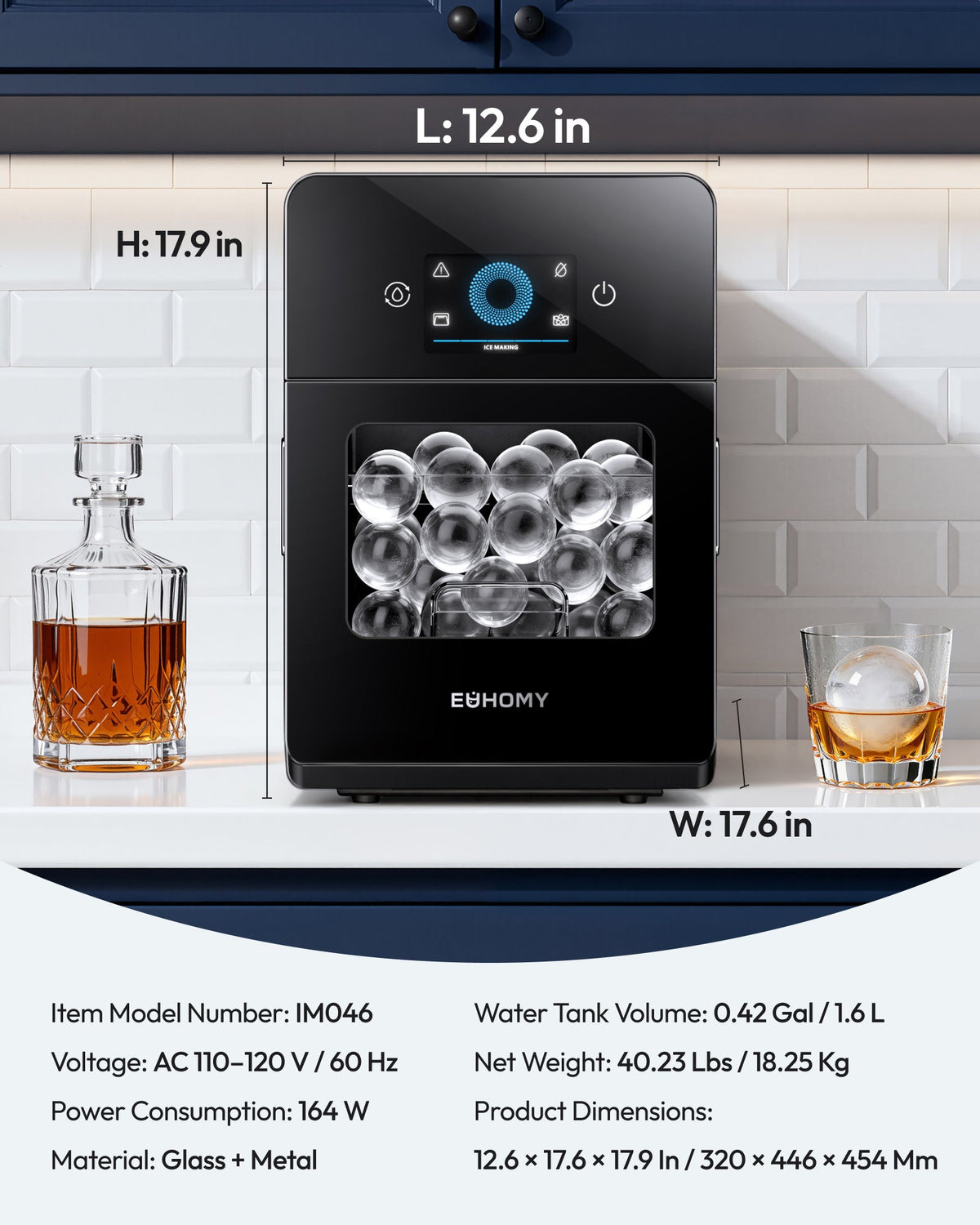 Euhomy Rock SE sphere ice maker with black glass front, digital display, and 12.6 x 17.9 x 17.6 in dimensions