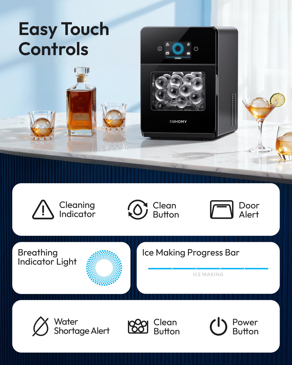 Euhomy Rock SE sphere ice maker with easy touch controls and clear ice spheres