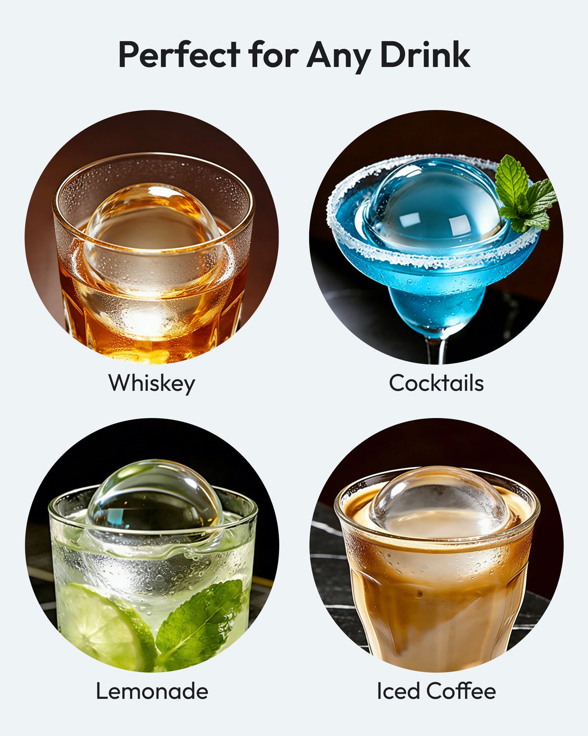 Perfect for any drink: whiskey, cocktails, lemonade, and iced coffee with clear sphere ice