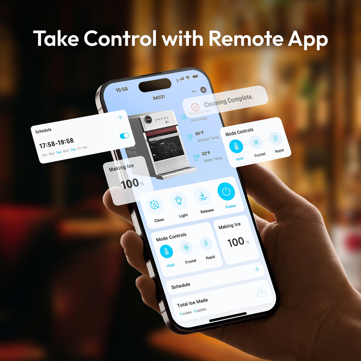 Euhomy Rock Pro Sphere Ice Maker app control screen with schedule, mode controls, and cleaning status