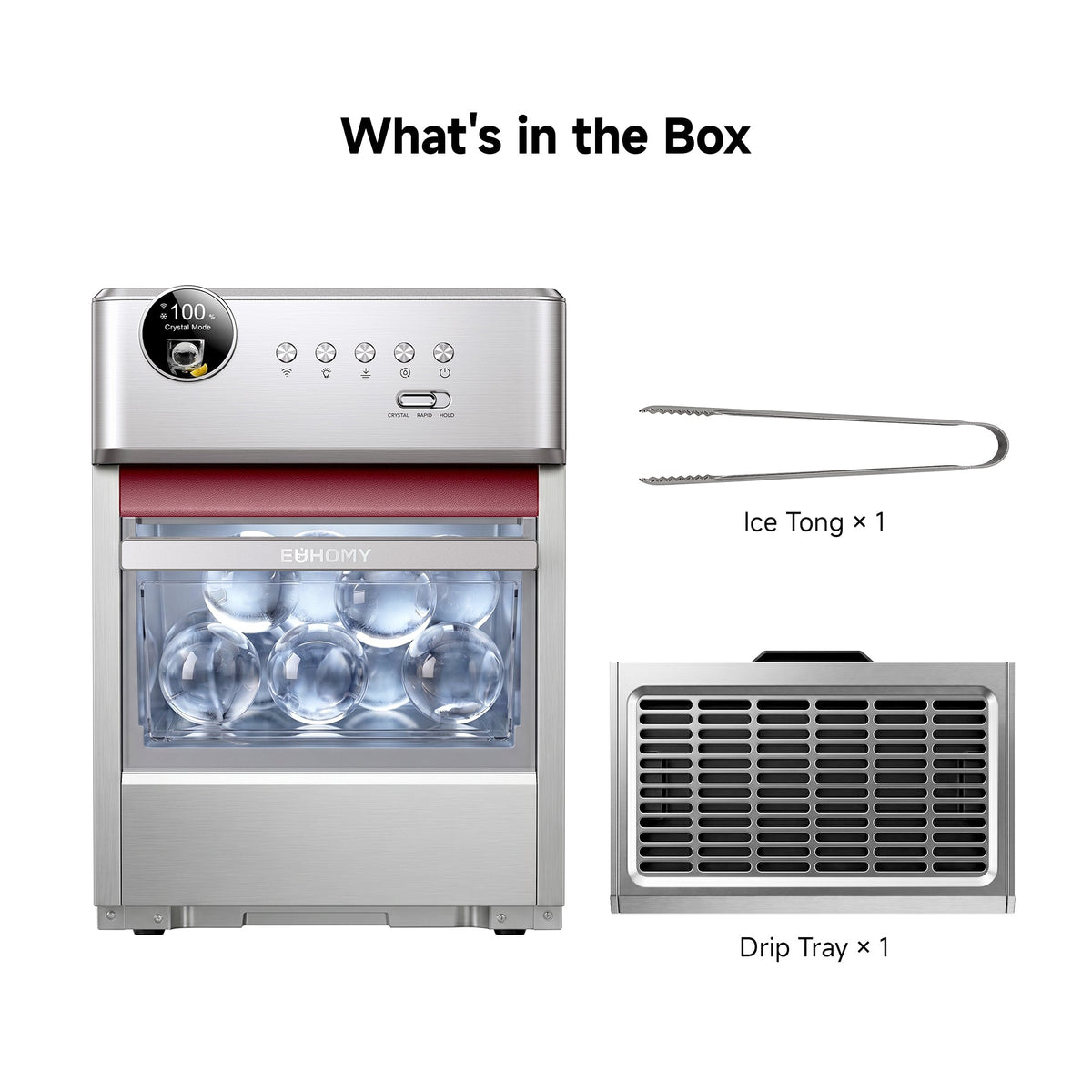 Euhomy Rock Pro sphere ice maker with ice tong and drip tray, stainless steel