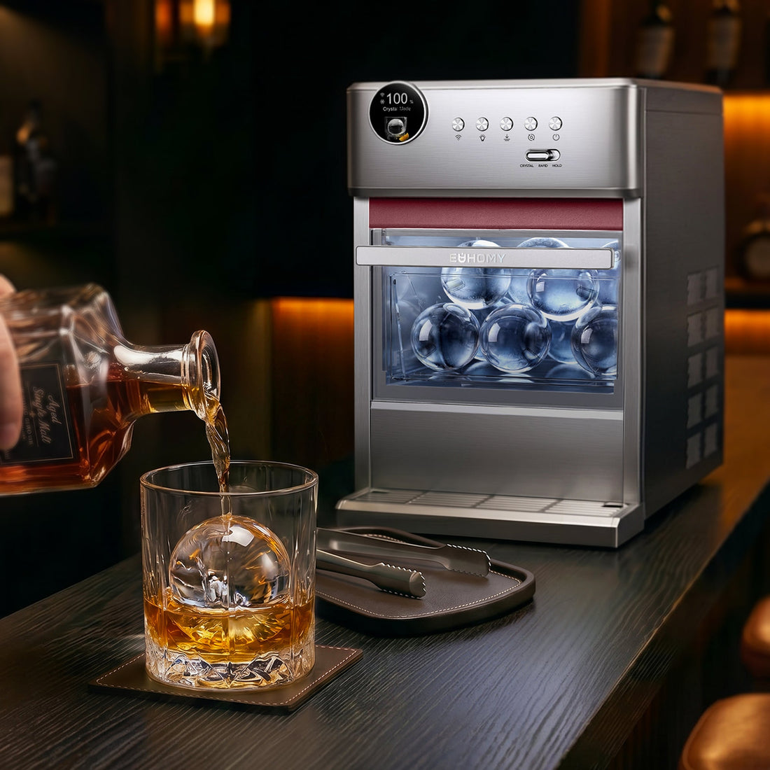 Euhomy Rock Pro Sphere Ice Maker stainless steel with clear sphere ice and smart app control