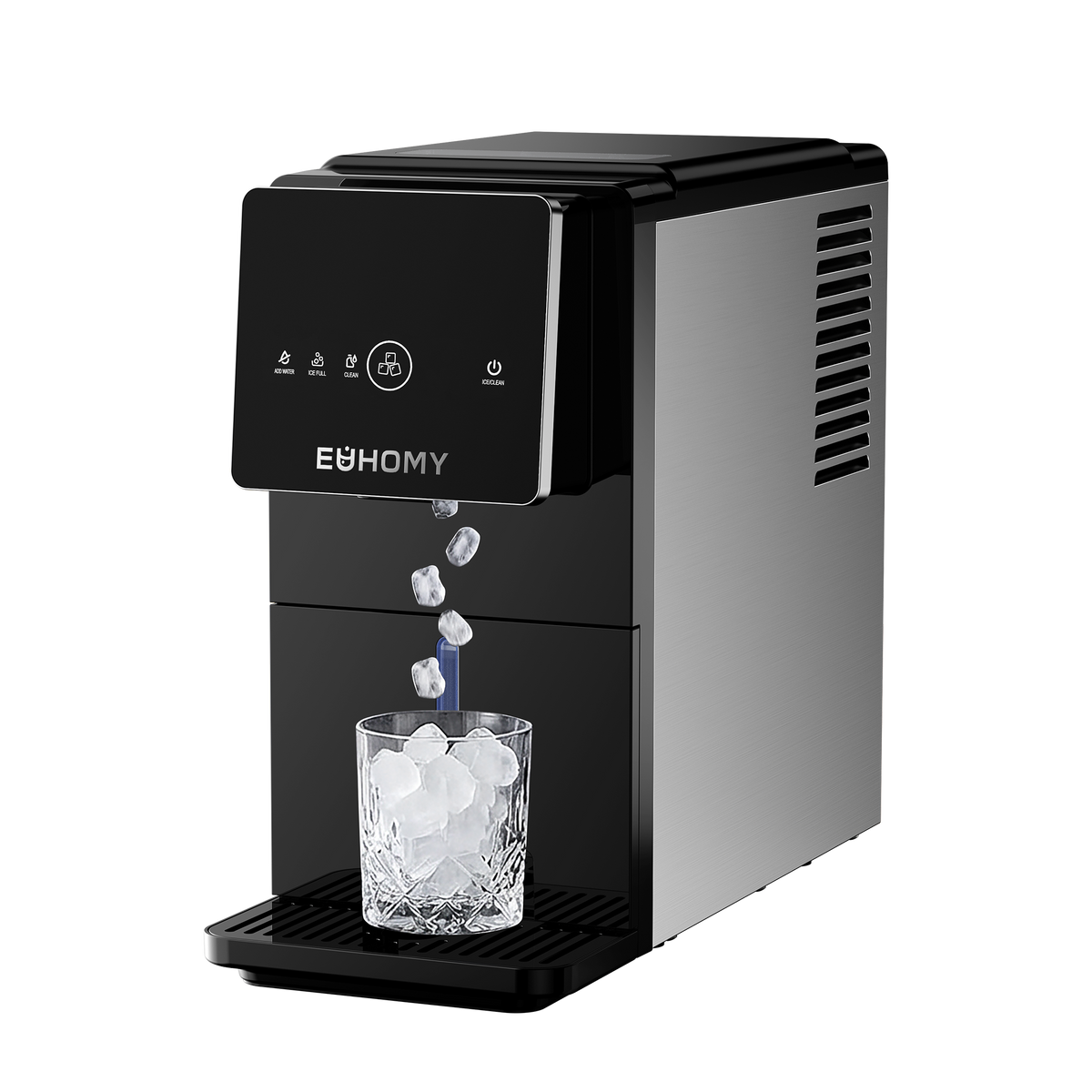 Euhomy Jet SE nugget ice maker dispenser filling a glass with nugget ice